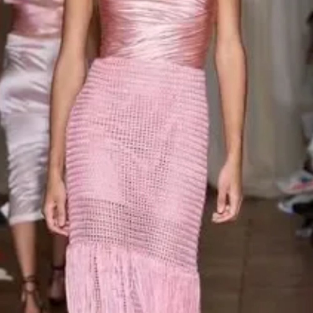 Alejandra Alonso Rojas Draped Bustier Crochet Fringe Maxi Dress Rose NWT - Picture 7 of 9